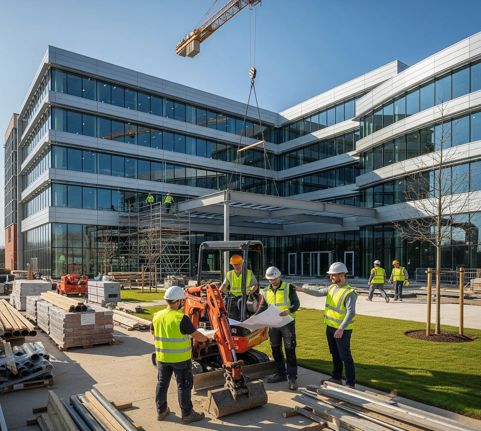 Modern commercial plaza building with landscaped frontage in Lahore