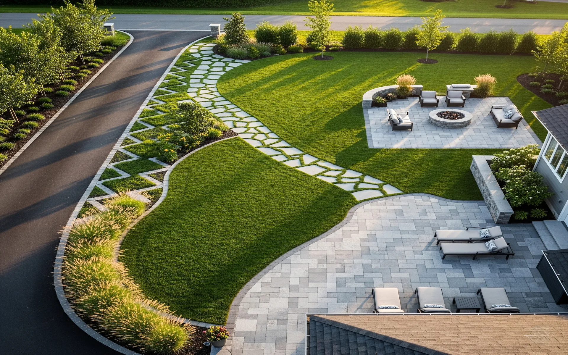 Paved garden pathway and lawn showing hardscape and softscape work
