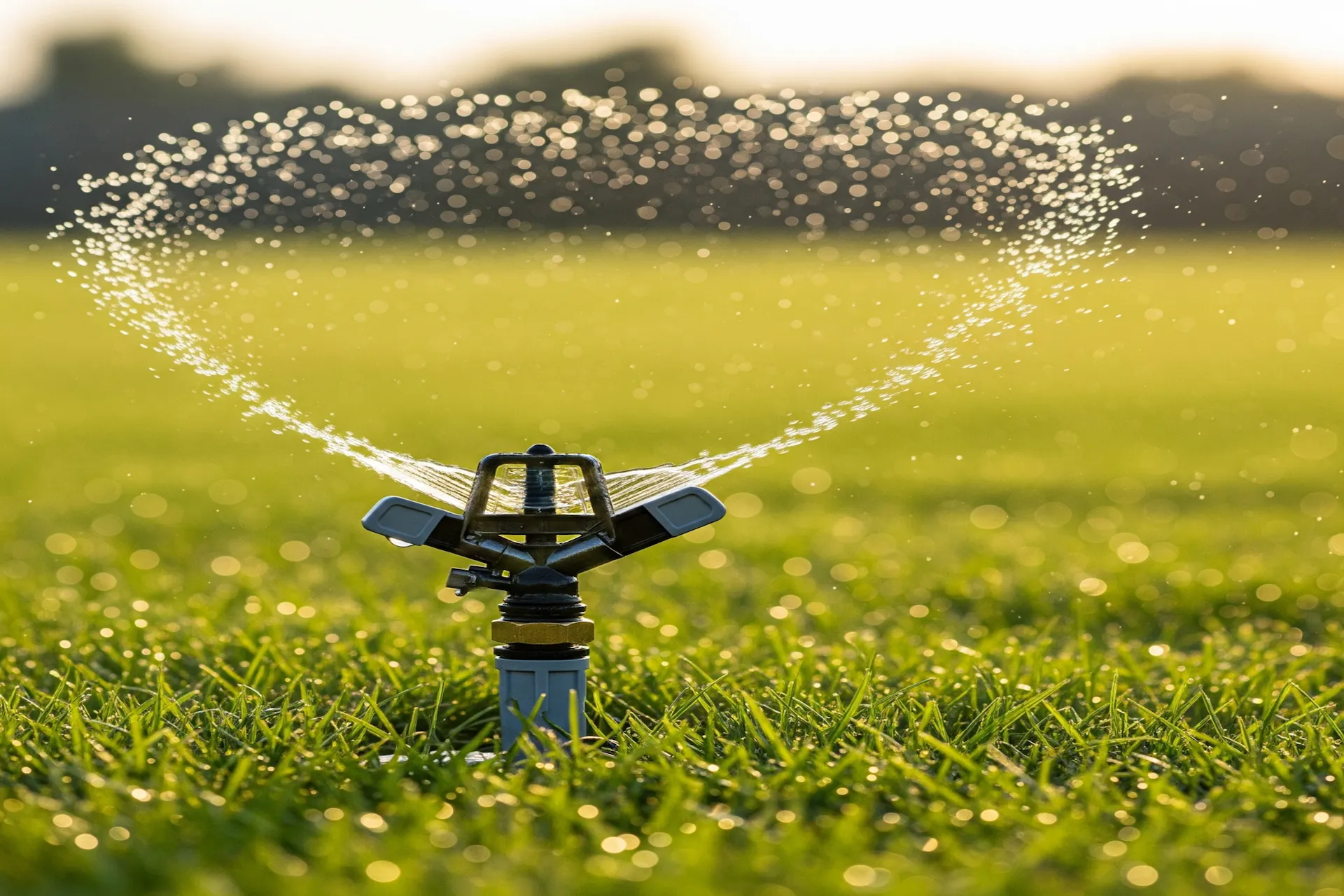 Automatic sprinkler irrigation watering a green lawn in Lahore