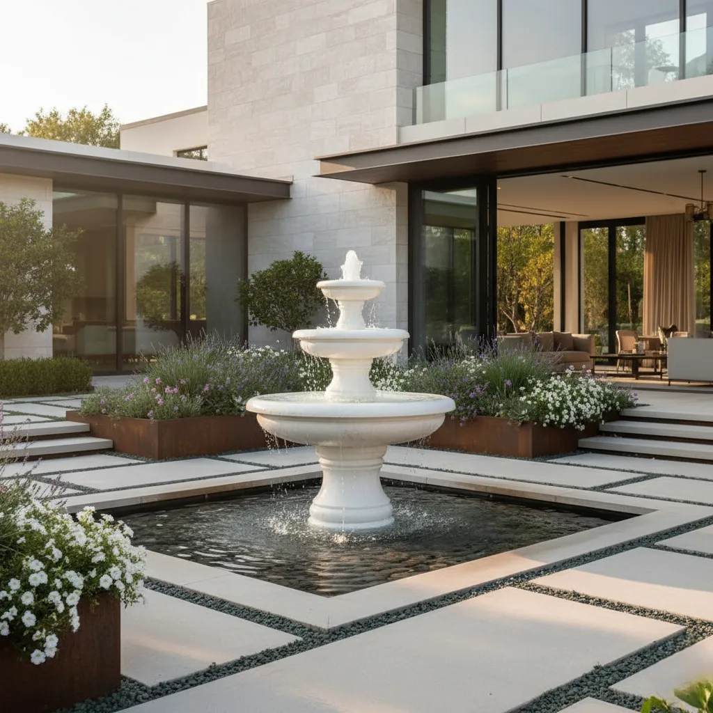 Illuminated fountain water feature in a landscaped garden