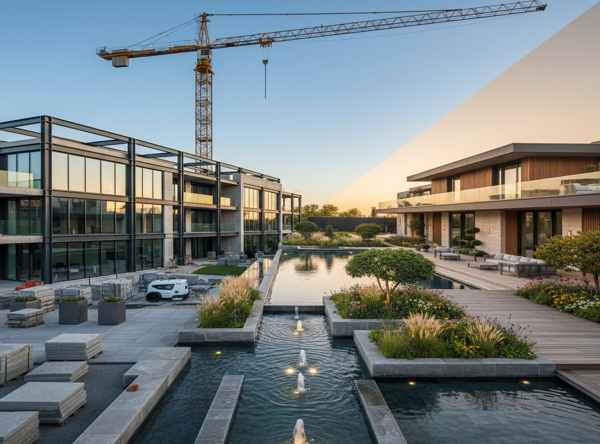 Landscaped community park with lawns, trees and walking paths